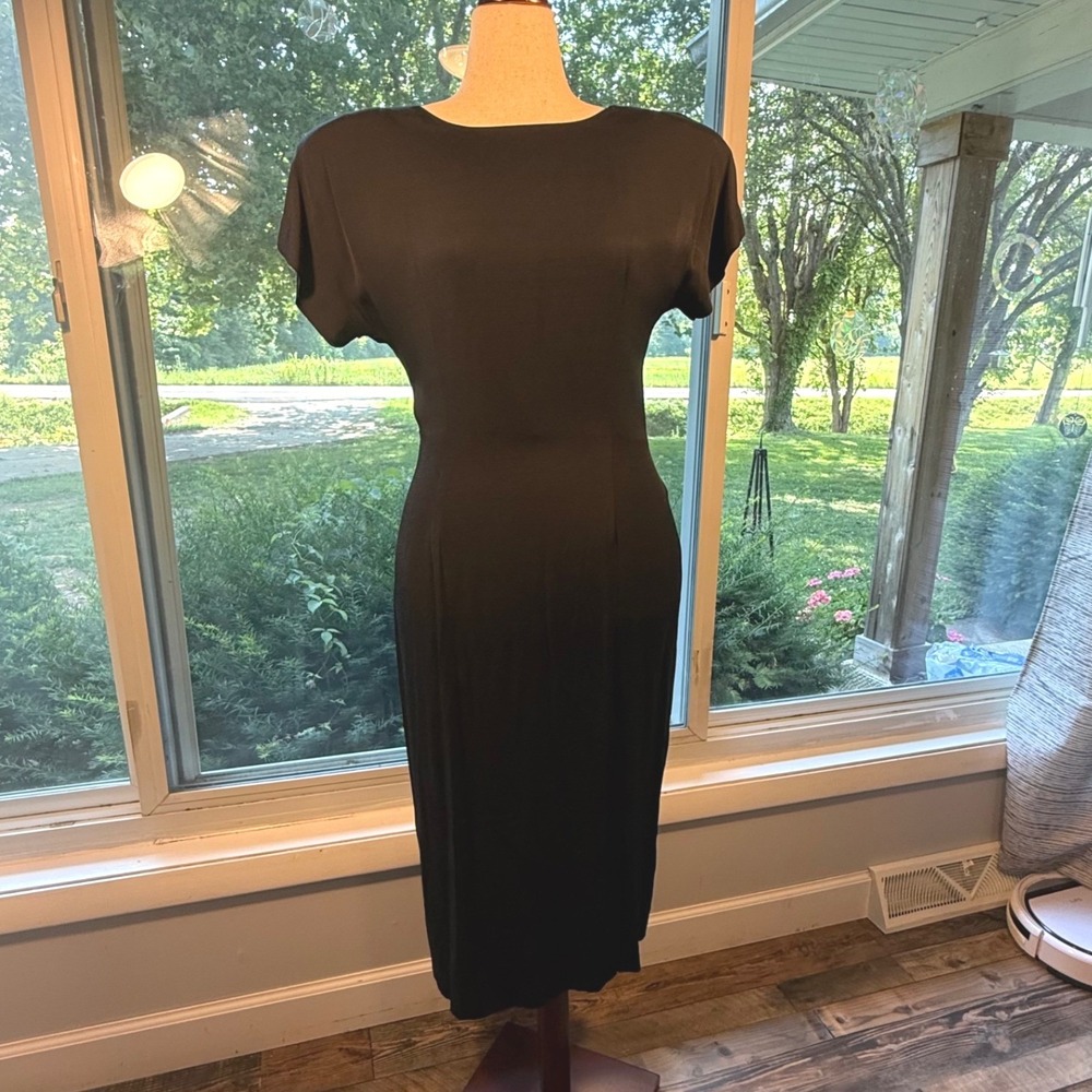Vintage Renditions New York Black Midi Dress Back Bow Sheath Womens Elegant